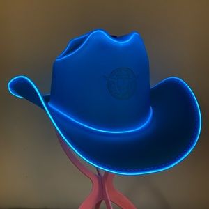 Neon Cowboys Blue Light Up Hat and Bolo Tie and pink hat stand BUNDLE